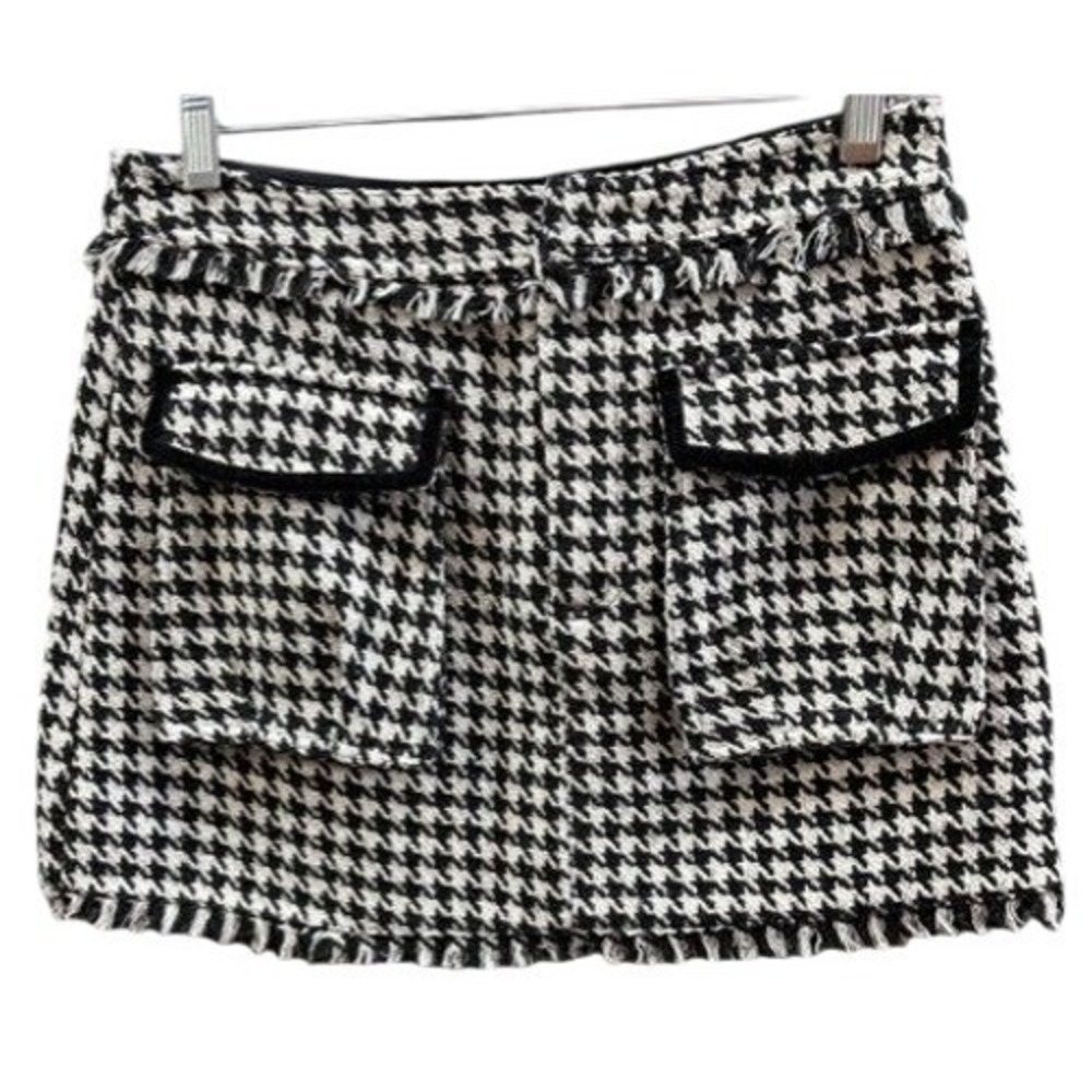 Sofie the Label Womens Houndstooth Tweed Mini Skirt Black White Fringe‎ Size M